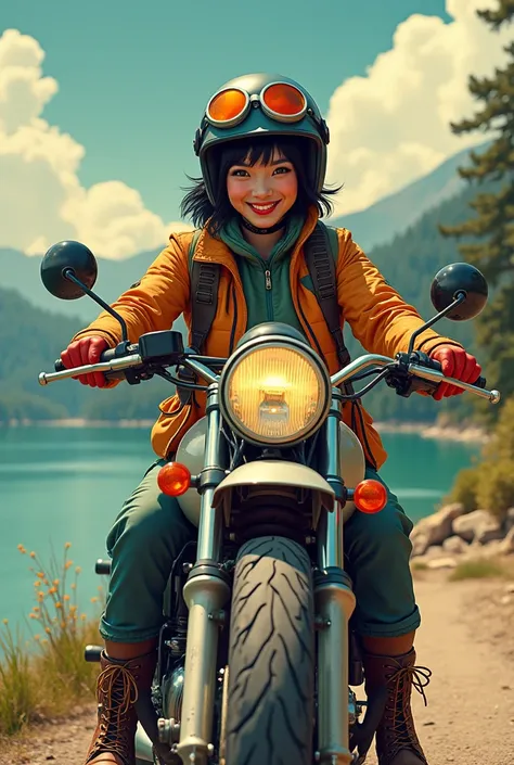   An energetic Japanese beauty  　smile,   black hair,  messy shortcuts ,    rides a motorcycle loaded with fishing tackle　   helmet   　Vintage Goggles 　   Flight Jacket   　Thermal pants 　   boots　 reservoir　   pop art  　 bass fishing　 poster style