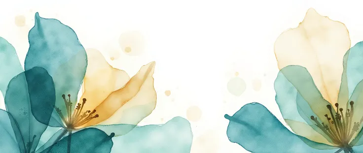 A beautiful watercolor illustration featuring abstract teal and gold flowers on a white background