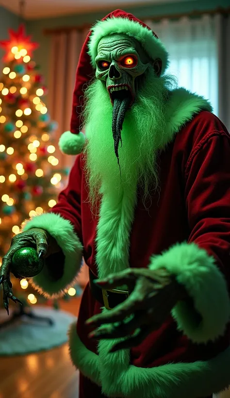 "Inside the warmly lit and festively decorated house, Santa Claus stands menacingly in the center, fully transformed into a horrifying zombie. His face is ghastly pale, with rotting flesh peeling off, exposing bone beneath. His eyes glow a sickly green, de...