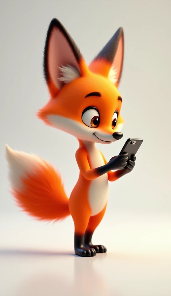 A fox using mobile , side view, 3d pixar cartoon