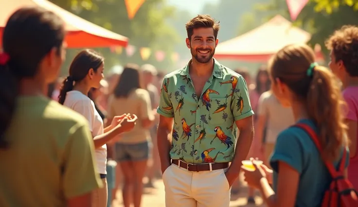 Young man handsome 35 age talk to a community event
Young man (white trouser and light green parrot shirt 