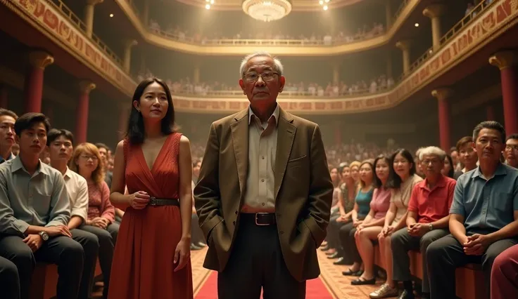 Create a highly detailed and photorealistic digital artwork showcasing a 70-year-old Vietnamese millionaire dressed in simple, worn-out clothing, standing confidently in the middle of a luxurious auction hall. Behind him stands his 60-year-old Vietnamese f...