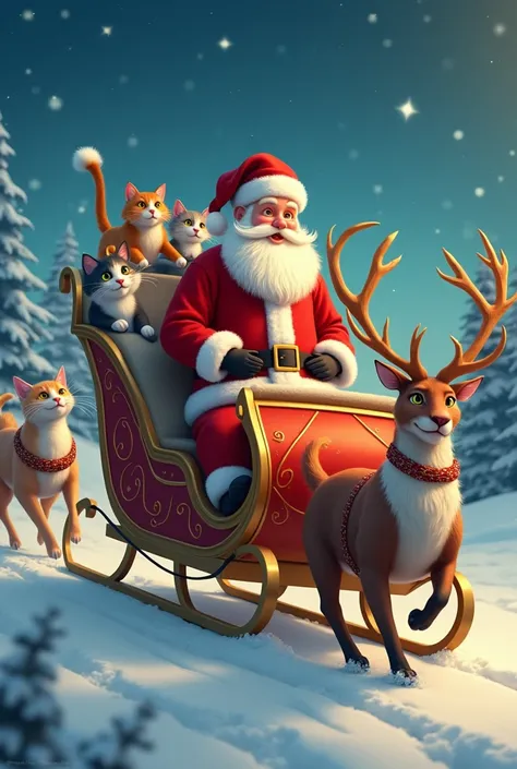 Adorable cats come Santa Claus riding on his deer
