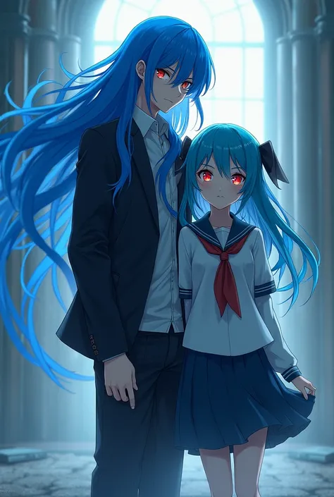 Blue long haired man, red eyes, schoolgirl, ears. 