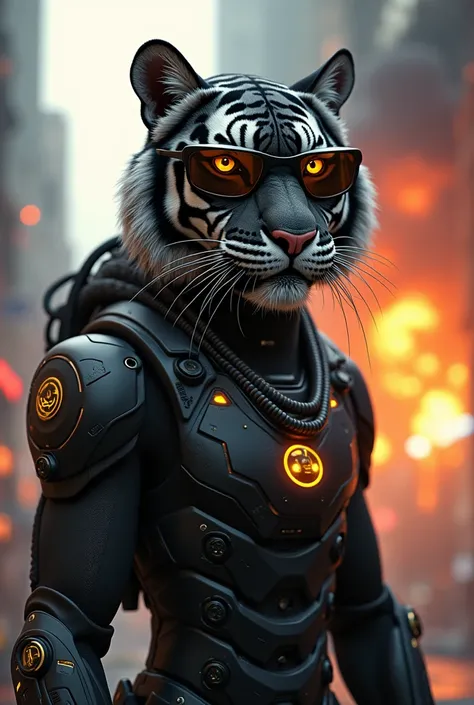 A super badass cyberpunk robotic cyberpunk tiger wearing black bodyguard sunglasses with golden edges, a golden necklace on his neck , hes in a super black and sport hoodie and has a scar on his face. The background is a cyberpunk city with big buildings a...