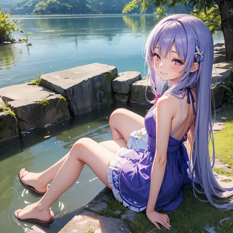 Beautiful slim and small asian woman, age 25. 1girl, tie hair with ribbon at the back of the bottom of hair. sitting cross legs, relexed back on ground by the lake in South East Asia.
Slipper. Beautiful lavender blue colour dress. Hair Clip, Smile, Closed ...