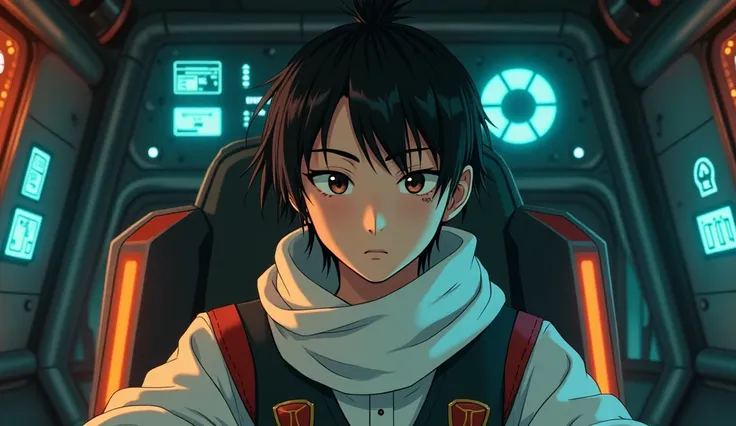 Best quality, masterpiece, realistic, 1boy, A MAN inside the cockpit of robot. He is a slim young man with light peach skin, sharp brown eyes, and a single scar running diagonally across his cheek, hinting at his battles. His black hair is tied into a neat...