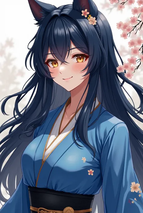  Golden eyes ,  A woman with a male court ,  blue Chinese martial arts clothes, Dark indigo hair,  waist-length hair , Big breasts , Height 172cm,  smiley face,  dog eyes ,  no bangs ,  no animal ears, No flowers , Japanese characters