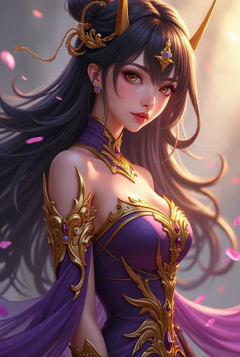 close-up of a woman in a gold and purple dress, chengwei pan on artstation, by Yang J, detailed fantasy art, stunning character art, fanart best artstation, epic and exquisite character art, beautiful armor, extremely detailed art, detailed digital anime a...