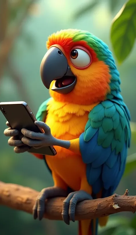 A parrot using mobile , side view, 3d pixar cartoon