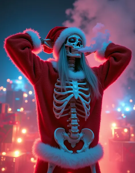 Palaroid, lomography, 
Skull skeleton in the style of Santa. full-length 
glowing neon skin luxurious bimbo girl beauty bratz.dance pose hands behind head blowing smoke from lips to the sky,gray straight hair red hat,informal,makeup in brown tones a lot of...