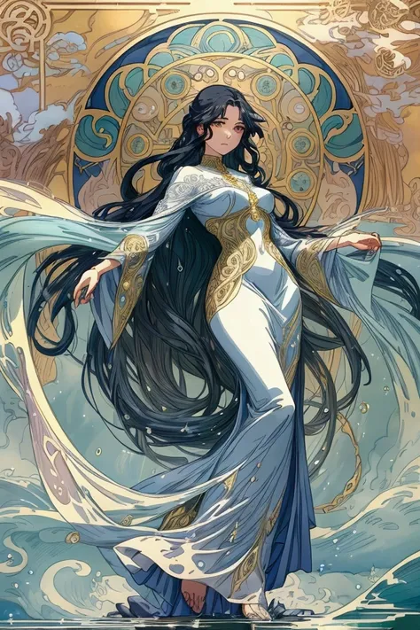 ((Best Quality, 8k resolution, masterpiece, Art Nouveau style, Anime/Manga-inspired)), A stunning illustration capturing a poetic and symbolic moment: a young woman rising gracefully from the shimmering water, her long, flowing hair adorned with tiny dropl...