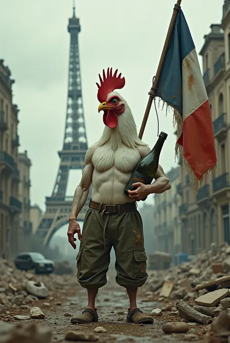 A white rooster without a cape, sad green-eyed, wearing torn and dirty military pants in the city /(Paris, Eiffel tower, the city devastated by bombs, destruction and ruins everywhere)/. puny and weak muscular human form with a squashed and tight champagne...