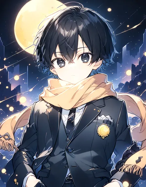 Detailed 8k cute theme , Boy in the scarf , short disheveled black hair and black eyes wearing a suit with full moon in the background