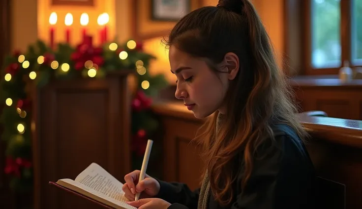 Writing in a Prayer Journal:
A 28-year-old Muna woman sits in a quiet corner of the church, penning her thoughts into a small leather-bound prayer journal. Her expression is thoughtful and peaceful as soft candlelight and festive Christmas decor create a w...