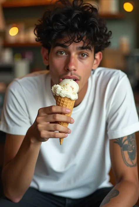 High definition image man 20 years old Latino brunette dark skin short frizzy black hair tattoo on his arm daytime image he wears a simple large white t-shirt and loose black jeans light and shade on his clothes he is licking ice cream with his tongue out ...