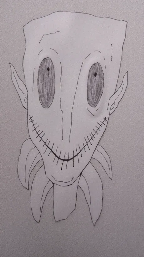 A horrifying creature. It a has a face like a long reversed teiangle.pale and As white as chalk.two small pointy ears on angles of triangle. Two big  dark holes instead of eyes which have vertucal oval shape. Its mouth is just a simple line with stiches on...