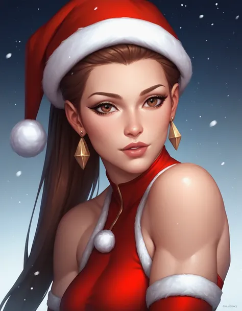 female sleeveless catsuit, bare shoulders, racerback, long gloves, toned arms, beautiful faces, white ponytail with showing forehead, long ponytail, earrings, soft smooth skin, pale skin, winter city background, brown eyes, sci-fi, high contrast, christmas...