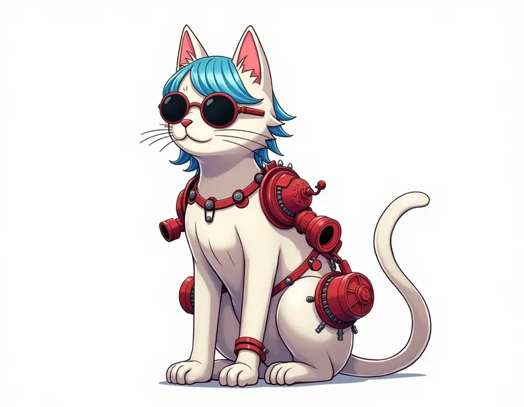 Franky from One Piece as a white cat with red hardware on a white background