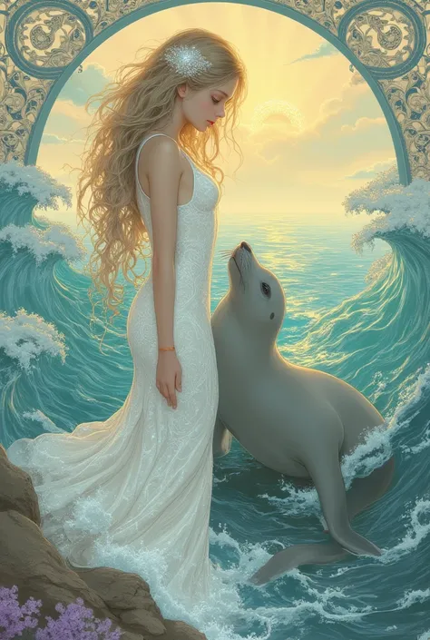 ((Best Quality, 8k resolution, masterpiece, Art Nouveau style, Anime/Manga-inspired)), A stunning illustration capturing a poetic and symbolic moment: a young woman rising gracefully from the shimmering water, her long, flowing hair adorned with tiny dropl...