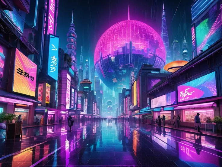 A futuristic, surreal city night scene, featuring towering skyscrapers with neon stripes glowing in bright colors - pink, blue, purple and green. The streets are filled with flying vehicles and 3D billboards displaying otherworldly abstract advertisements ...