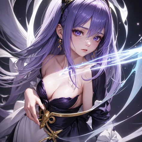 A stunning anime-style female character with porcelain-like skin and soft freckles, featuring flowing purple and blue hair with radiant highlights. She has large, expressive violet eyes that exude a sense of wonder and mystery, and her delicate features ar...