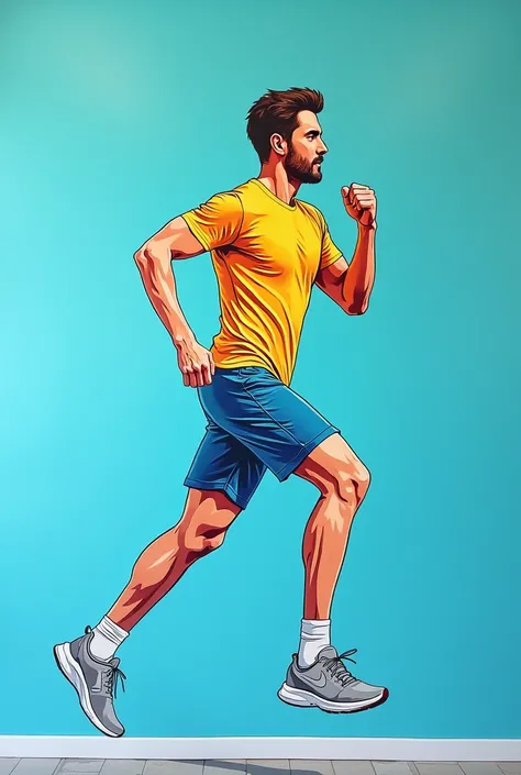  beautiful image of drawing for for promoting physical fitness .. easy to draw .. of a single person .. of men .. like running .. side view .. in blue colour wall painting