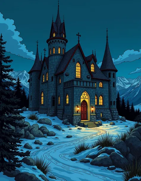  Comic-style image. a medieval mansion , (800 years D .C)  uncluttered around him.  at night, Norway