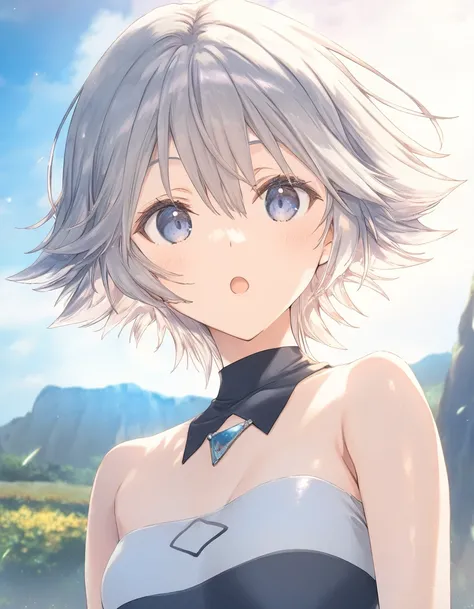 1girl, farrah, grey hair, short hair, flipped_hair, small breasts,  beautiful detailed eyes,open mouth, outdoors,wind,fantasy, game CG, break,(artist:mitsumi_misato),artist:fujiyama,artist:kokonoka, break,(masterpiece), (best quality), (ultra-detailed),(De...