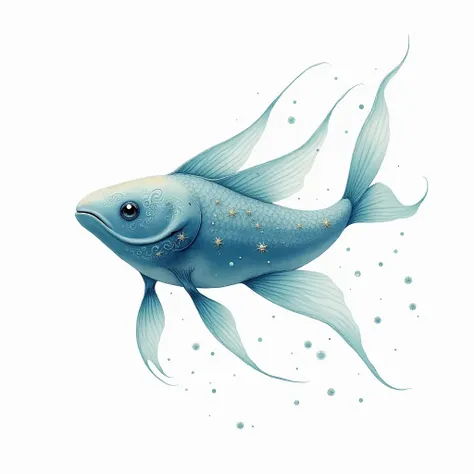 A new and strange fish swimming, watercolor with clear outlines, white background