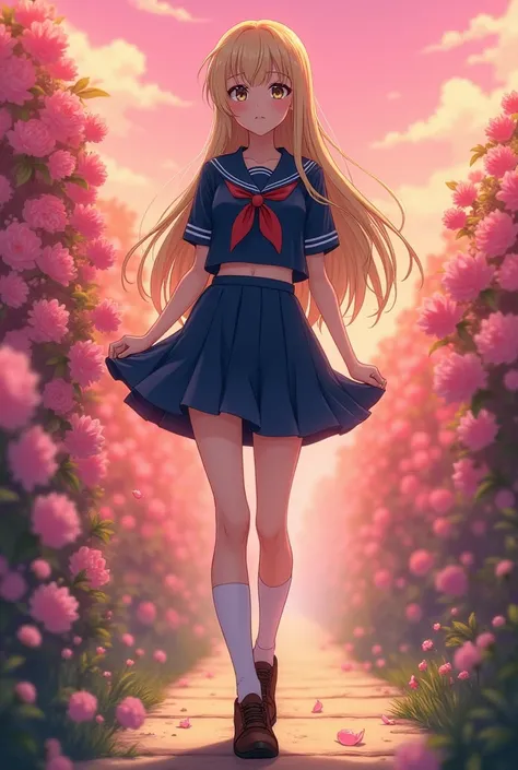 Shonen manga, beautiful schoolgirl in navy blue sailor suit and mini skirt, loose socks and brown leather shoes, long blonde hair, hot pink floral background, Artgerm style, full body portrait, golden hour lighting, oil painting, cinematic composition, ela...