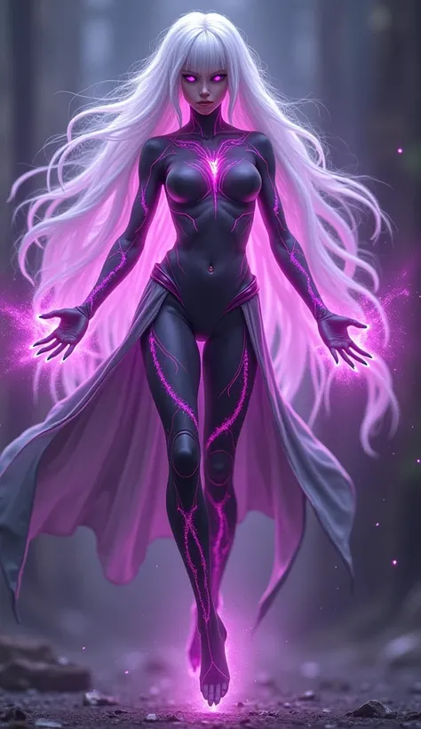 (A semirealistic omnipotent girl : 1.5),(super long white translucent hair with a pink highlight : 1.4), (hyper powerful),neon purple lines all over her body : 2.0),(( black aura emanating from her : 2.0)),(( dark mettalic claws with a purple lines glowing...