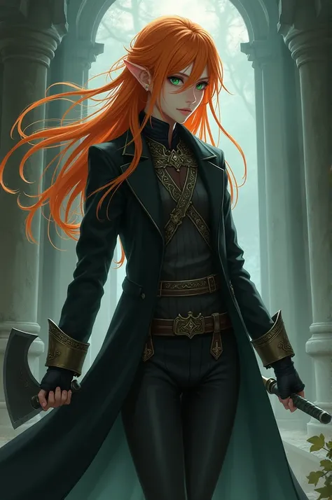 anime 19 year old Male elfs but he a little bit look like a girl and have a long orange hair and green eyes and wear a black long coat and some chest armor and use one dagger and one small axe and he so beautiful 
