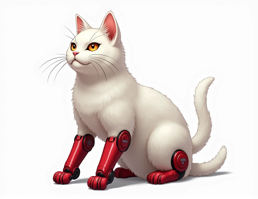 Franky from One Piece as a white cat with red hardware as demanding paws on a white background