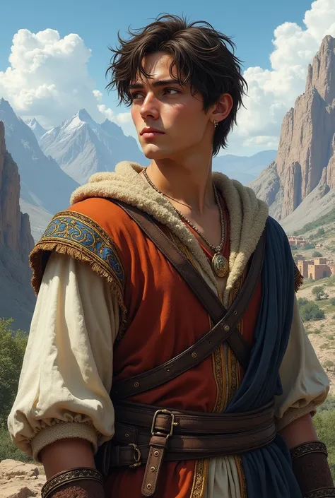 A young Armenian man brown hair gray eyes white skin wearing ancient clothing in ancient Armenia