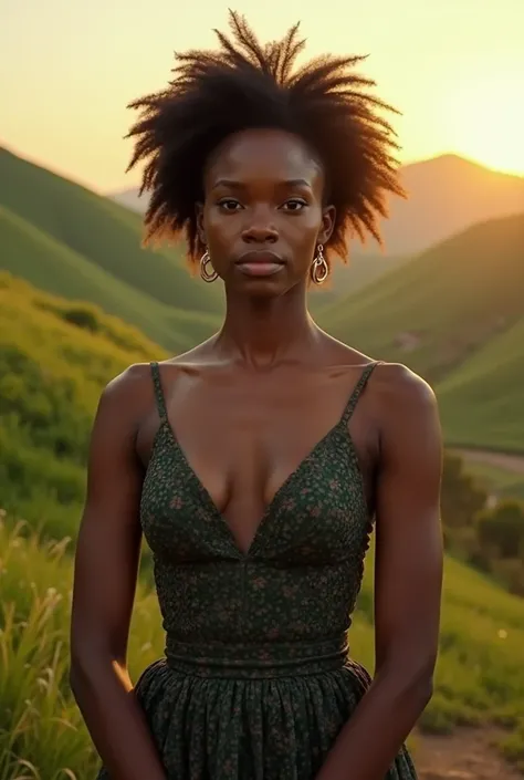 A landscape image of a young African lady in place of leadership in acting, as an actress and a lead role. Her dress should be decent and not revealing her body. With her skin light skinned.