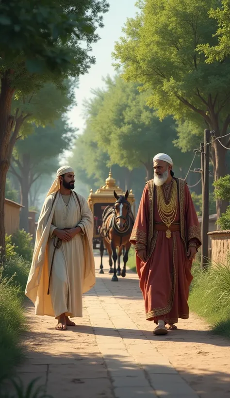 (Islamic) A peaceful village path surrounded by trees. Sheikh Saadi, dressed in modest attire, is walking. On the other side, a wealthy man with an extravagant robe and jewelry is standing near a lavish horse carriage, showing off to passersby.