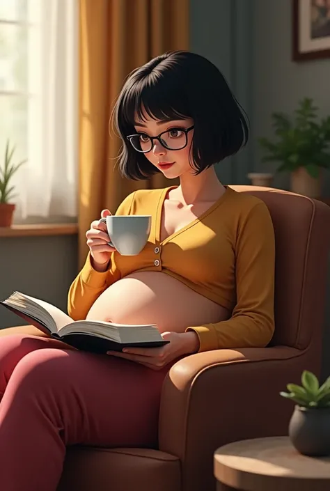 Young pregnant Wamita with short hair and dark eyes and wearing glasses is sitting reading a book on a dab chair drinking a cup of coffee