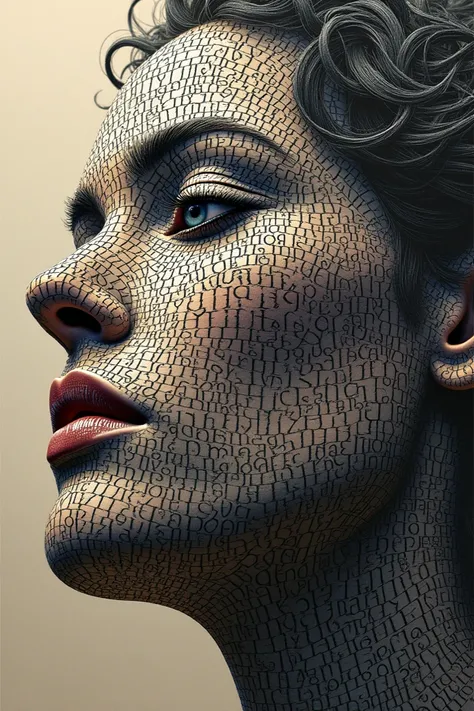 "Generate an image of a intricately woven tapestry, with the threads comprised of thousands of tiny words. The words combine to create a detailed and layered portrait of a face. The main features and contours of the face are formed by bolder and larger wor...