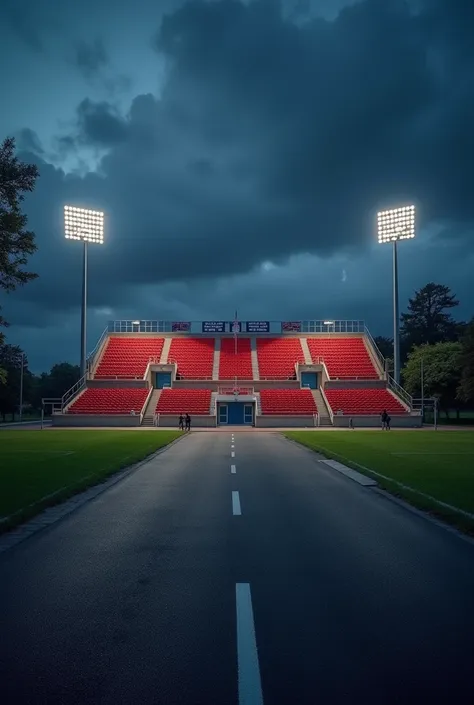 Picture of what the stadium would look like from the outside it has to be a village stadium, That is not very large typical of the United States ,  of those in schools Next to the stadium would be the school and a straight street right in front of the stad...