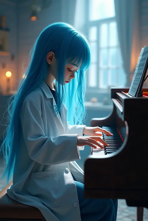  girl , playing the piano with long blue hair and wearing a scientists robe