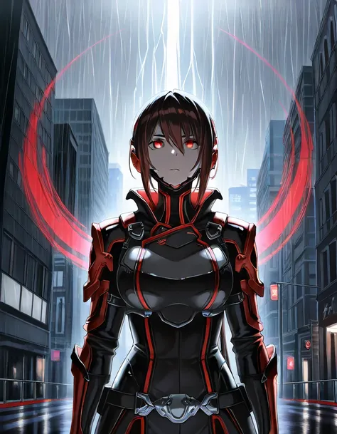  1 Japanese girl , warframe, Complex Pattern, heavy metal,  Energy Line , Faceless, Shining Eyes,  elegant ,  is intense, Blood red and black uniform, Alone, 【Contemporary, city, That&#39;s right., Dark Clouds,   thunderstorm , Heavy Rain,, Dramatic lighti...