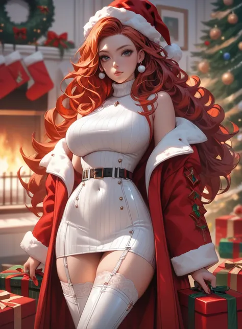 illustriouszumi, masterpiece, best quality, highres, absurdres BREAK 1girl, solo, very long hair, volume curls, large breasts,tiny waist, gorgeous figure, redhead, red hair, white turtleneck, skintight clothing, white fur coat, frizzy hair, white thigh hig...