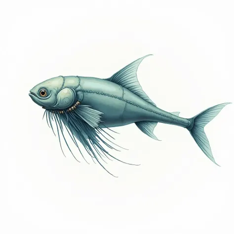 A strange fish with developed gills is swimming 2000 years later, a watercolor painting with clear outlines, the background is white