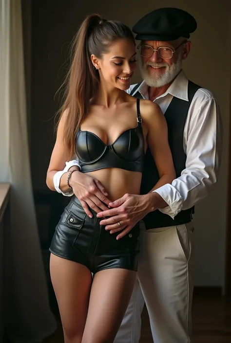 Full bodied a young and very beautiful girl with a full body from head to toe , Caucasian Ukrainian style ,  with hair held up by a high ponytail , with high-heeled shoes with fine black leather tights and garter belt, de cuerpo entero, with an extremely v...