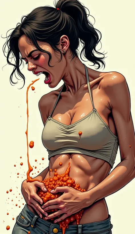 Best Quality, 8K, Masterpiece: 1.3)), 1girl, A comic panel of a very ultra skinny, very ultra Sweaty diana in the middle of vomiting. Her body is bent forward, and her shoulders are hunched, with her face turned slightly to the side. Her mouth is open wide...