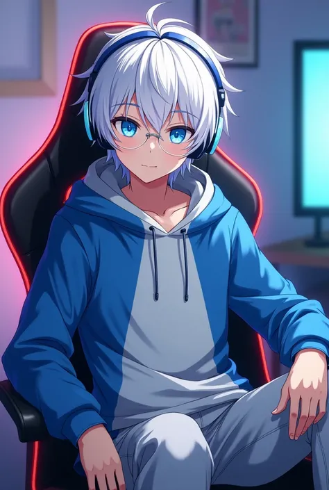 Anime boy sitting on the gaming chair with white hair, blue eyes, wearing blue and white hoodie and wearing headphone. Front position and wear colourless cycle glass.