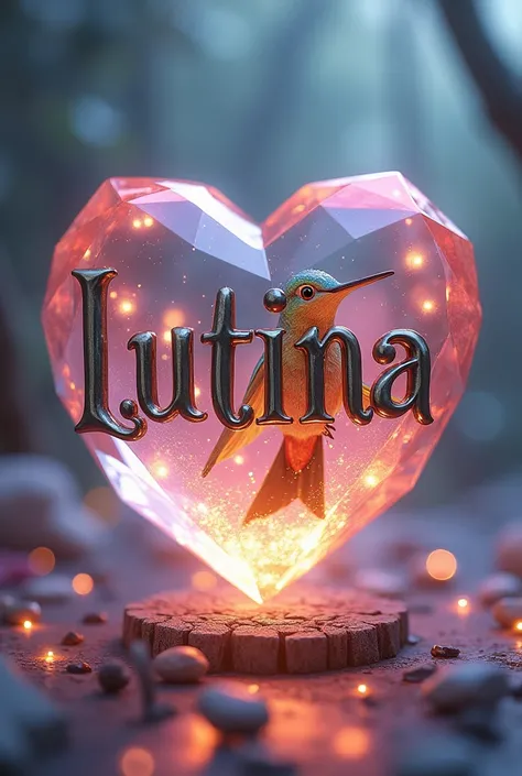 LUTINA 3D text and a hummingbird inside a heart-shaped crystal