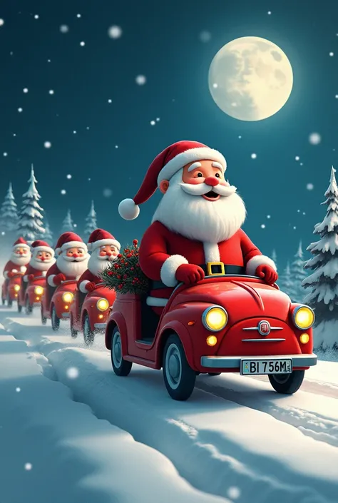 Santa Claus driving a sleigh of six Fiat Panda