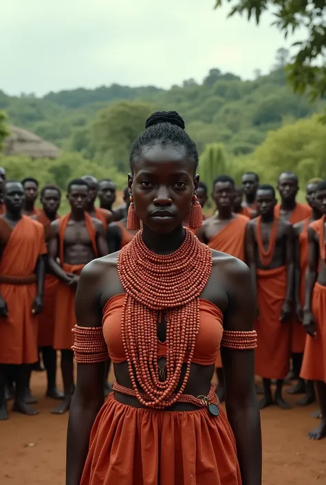 In a landscape, Create an image of where a black African lady dressed with coral beads on being interrogated by the villagers who gathers her 